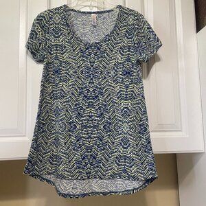 LuLaRoe Pullover Blouse XX Small Muted Blue & Yellow Retro Abstract High Low Hem
